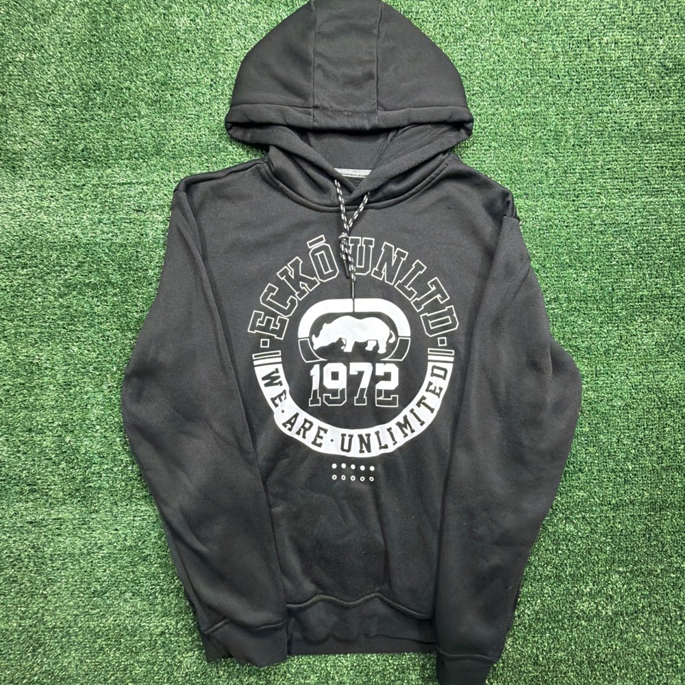 VTG Y2K Ecko Unltd Mens Black Graphic Hoodie Rhino Logo Streetwear‎ Sweatshirt M